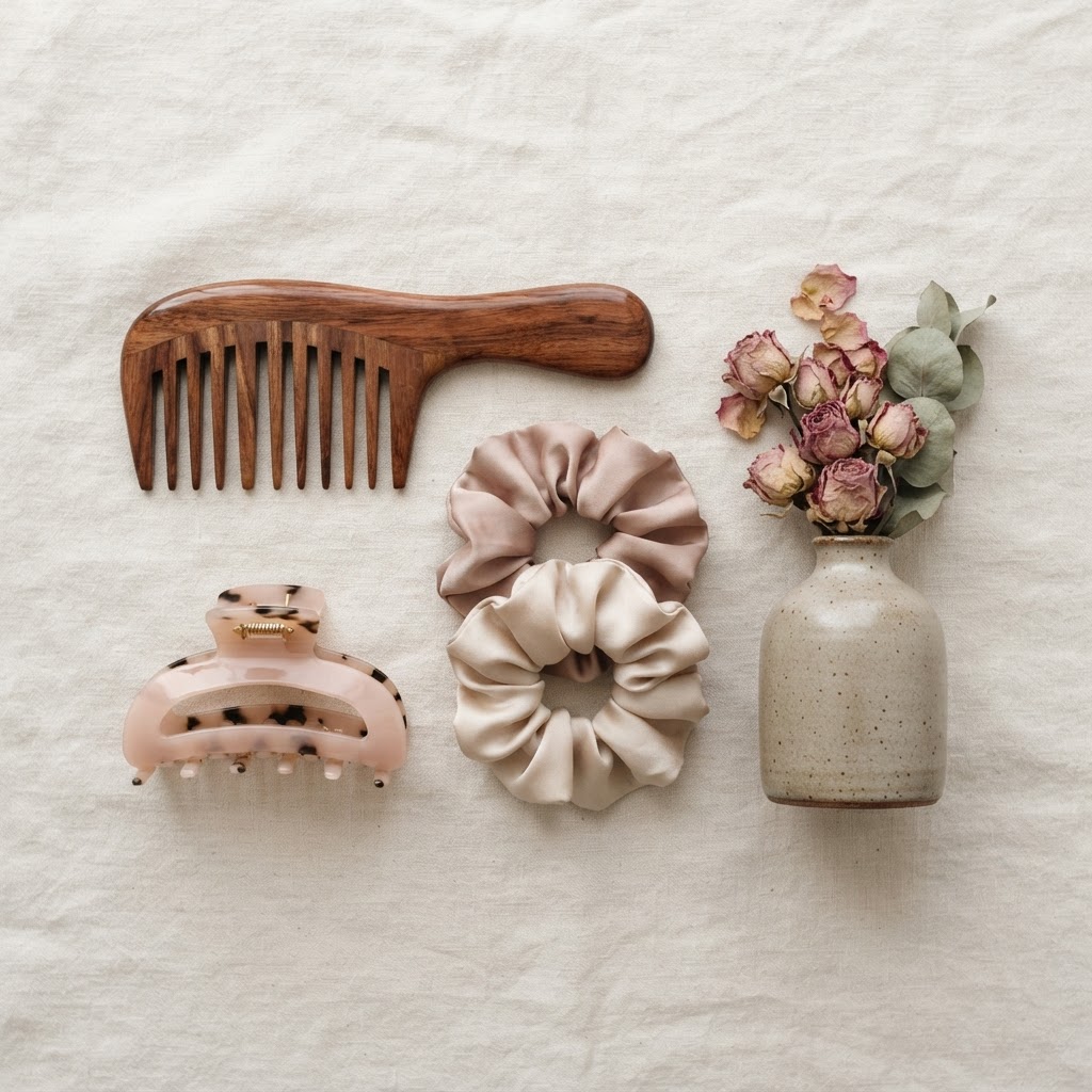 A rosewood comb, a blush claw clip and folded silk scrunchies on ivory linen beside dried roses