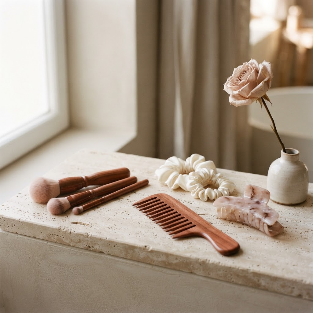Rosewood makeup brushes, a rosewood comb and ivory silk scrunchies on a travertine ledge beside a dried blush rose