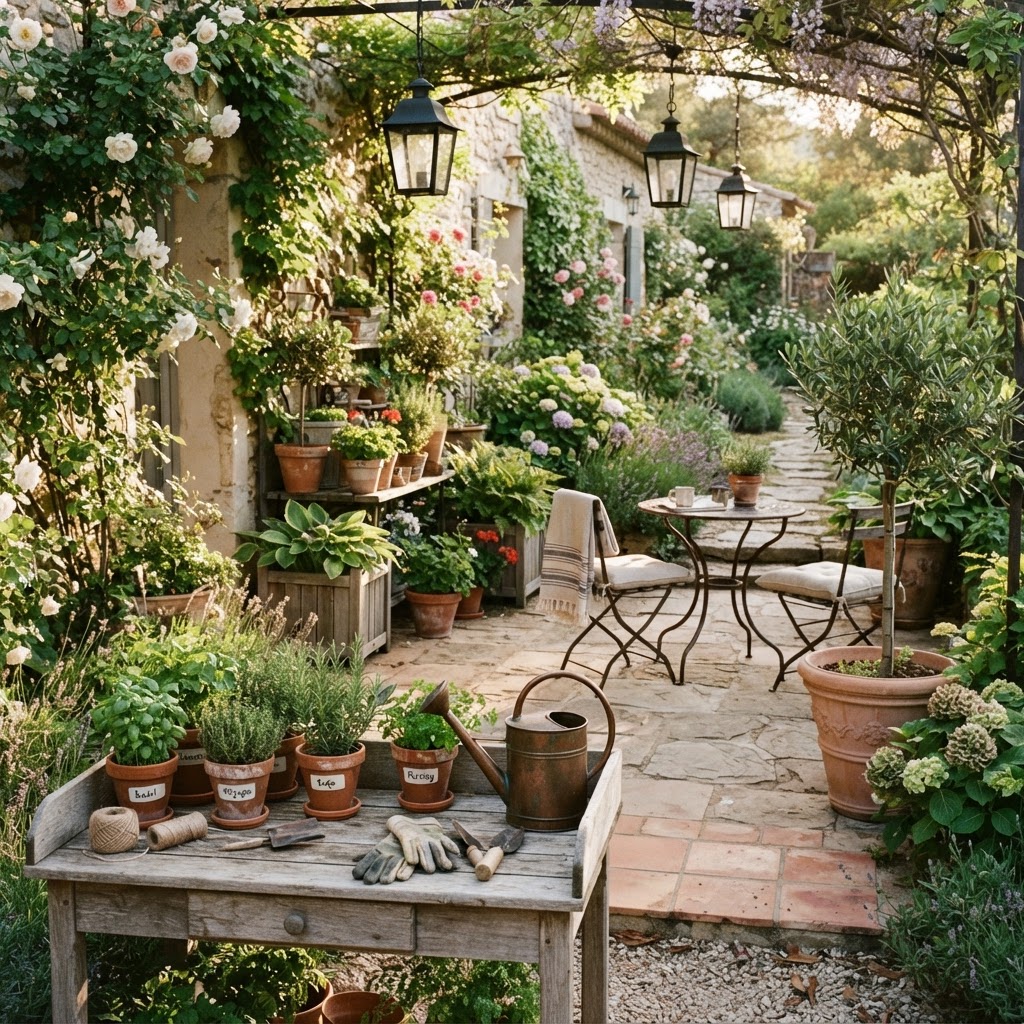 A sunlit garden patio with terracotta herb pots, a cedar planter, a copper watering can and iron lanterns among green foliage
