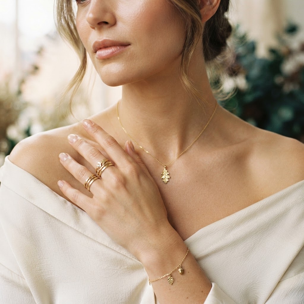 A woman wearing the Arc Pendant Necklace, Bloom Stud Earrings and Petite Vine Bracelet in gold