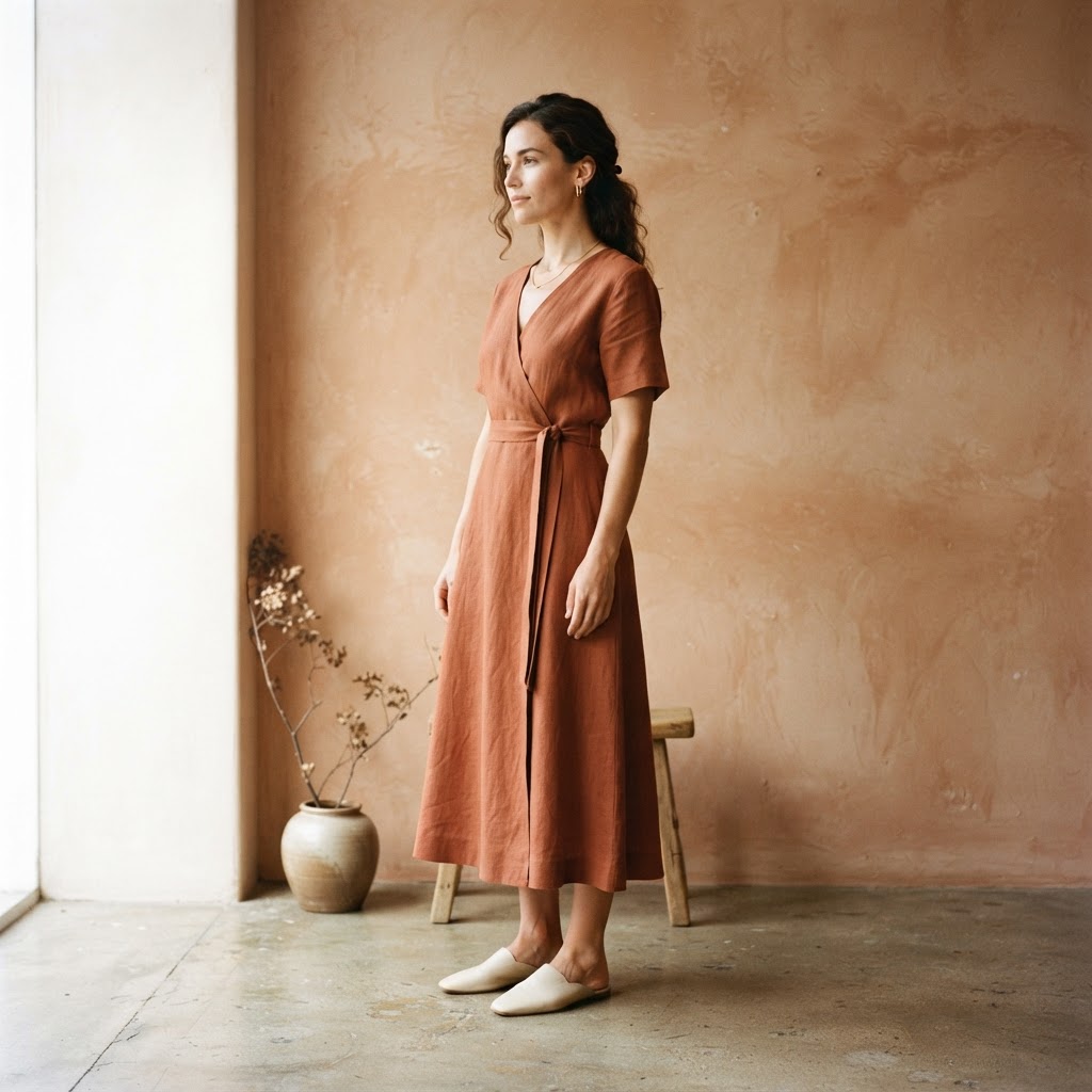 A woman in a terracotta linen wrap dress against a warm clay wall