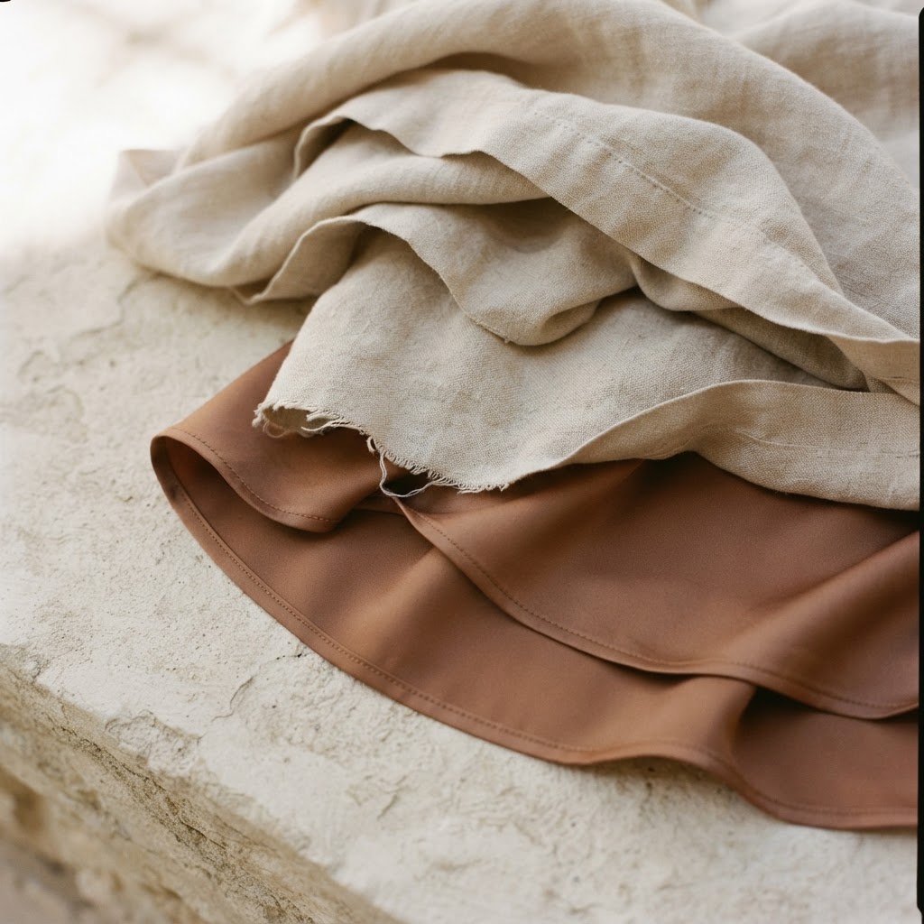 Folds of oat linen and a clay satin hem on a bone surface