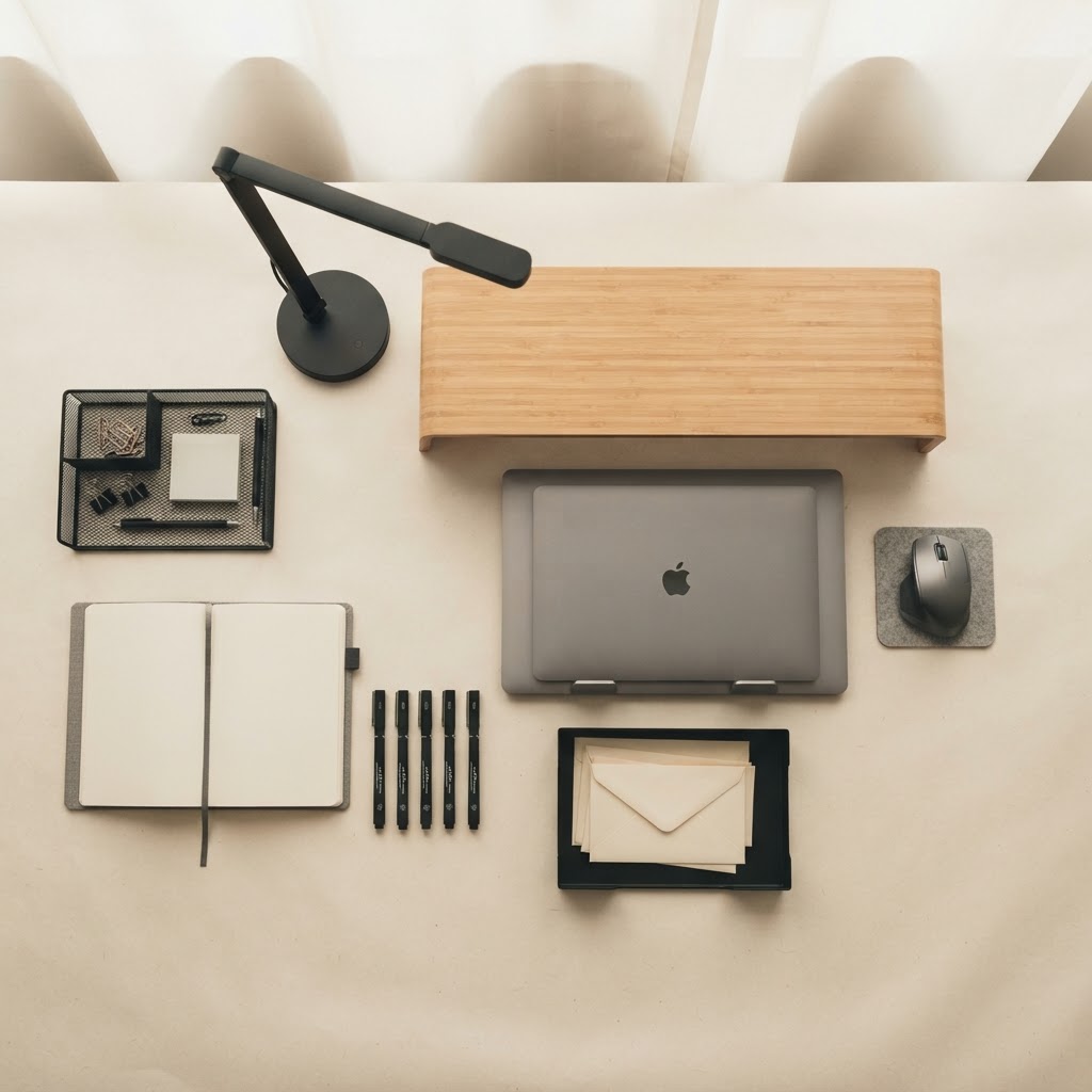 The Zentek Haus desk set: a linen notebook, fine-liners, a mesh organizer, document trays, a bamboo monitor stand, a desk lamp and a laptop stand
