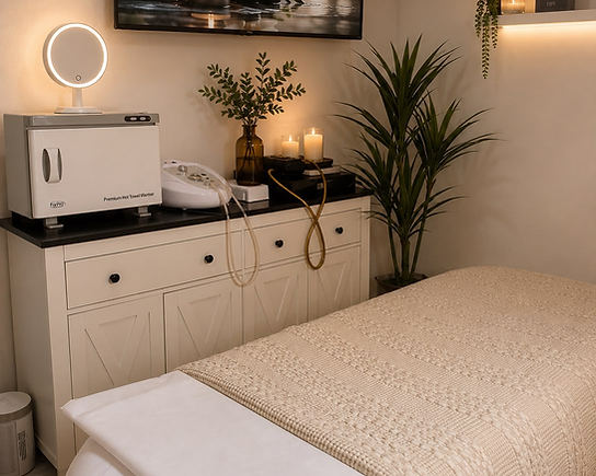 Prepared facial bed and warm lighting at Oasis Spa