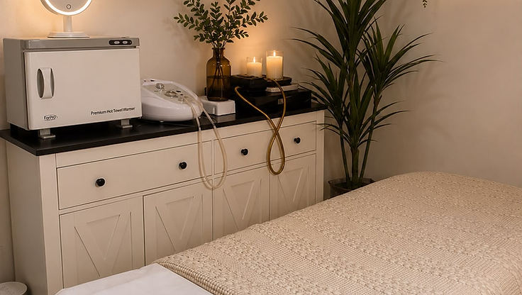 Private facial treatment room with a prepared bed, candles and greenery at Oasis Spa