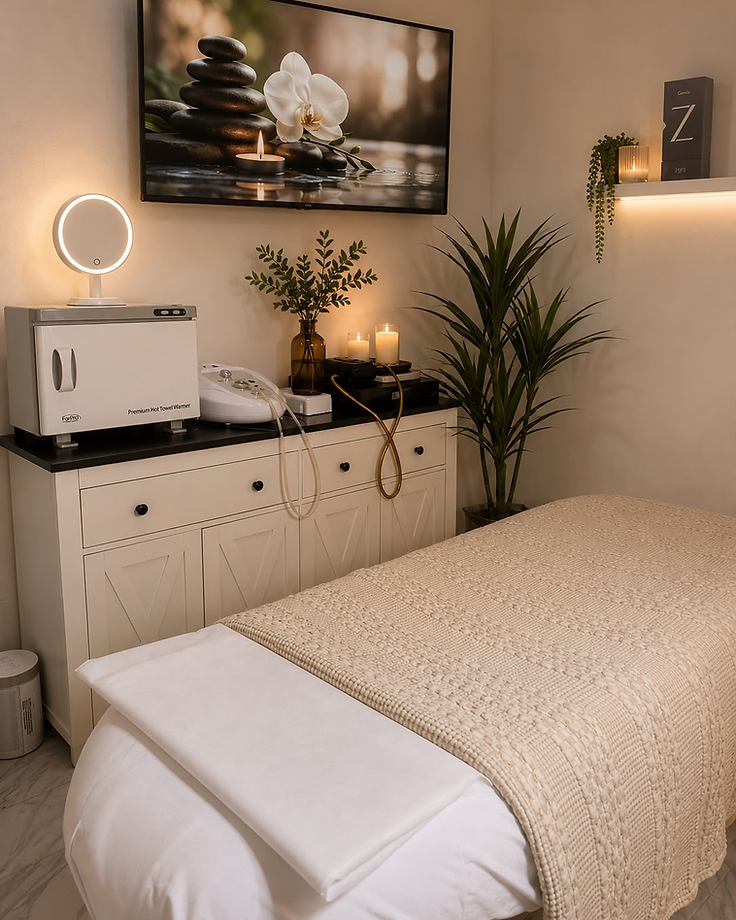 Private facial treatment room with a prepared bed, candles and greenery at Oasis Spa