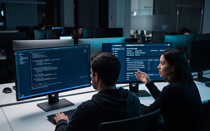 Deux développeurs travaillent devant plusieurs écrans affichant une application d'assurance, du code et un tableau de bord de risque.