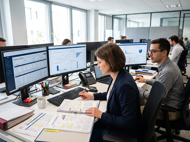 Équipe de souscription en assurance au travail : une spécialiste annote une police d'assurance pendant qu'un analyste consulte un tableau de bord de portefeuille clients et de sinistres.