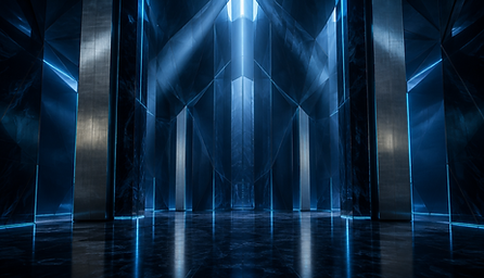 Abstract vault chamber of obsidian glass and steel with cyan light seams