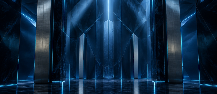 Abstract obsidian and steel vault chamber lit with cyan light seams