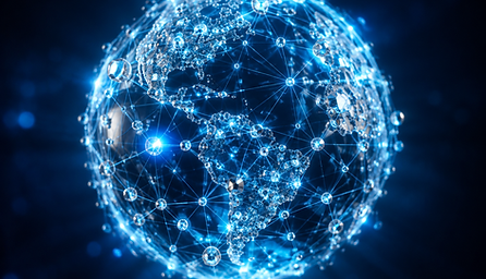 Holographic globe of connected glass data nodes in electric blue