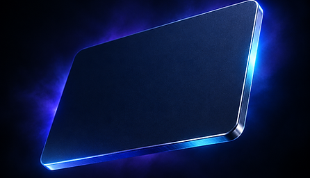 Dark metallic payment card glowing with electric blue light
