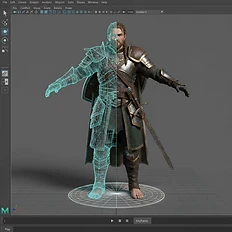A textured 3D character model with wireframe overlay