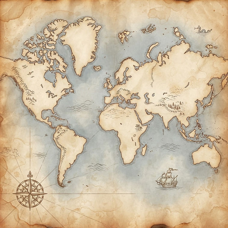 Hand-drawn antique world map with a dotted route linking six adventure stops