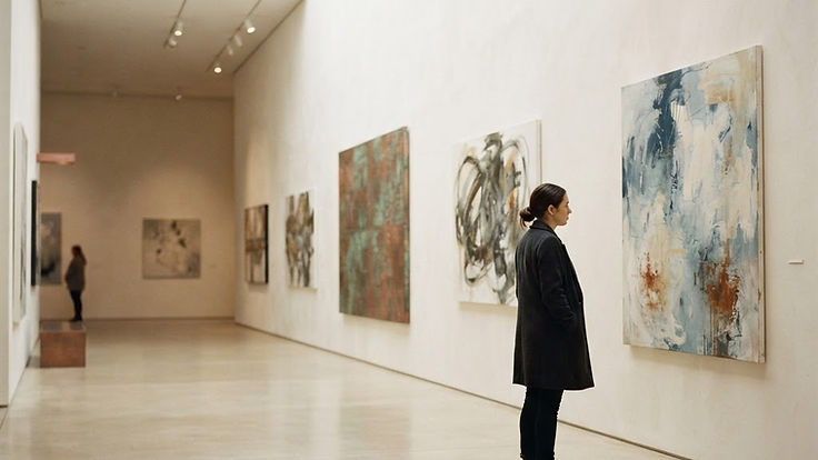 A contemporary gallery wall showing the work of several artists