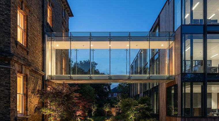 Frameless glass link between Grade II listed offices and a modern commercial building