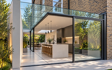 Frameless glass roof over a courtyard kitchen
