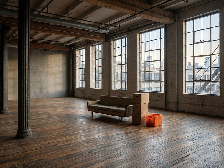 Empty high-ceilinged loft mid-clearout with one sofa and stacked boxes