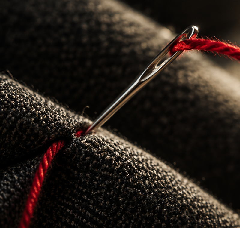 A silver needle drawing crimson thread through charcoal wool suiting