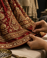 Gold zari embroidery on a crimson silk lehenga being pinned