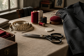 A tailor's workbench with measuring tape, shears and thread