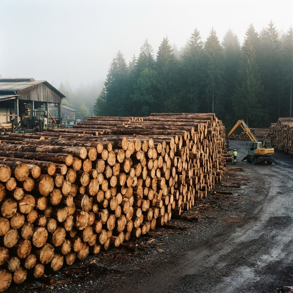 Rundholzstapel im Sägewerkslager eines Holzhandelsbetriebs