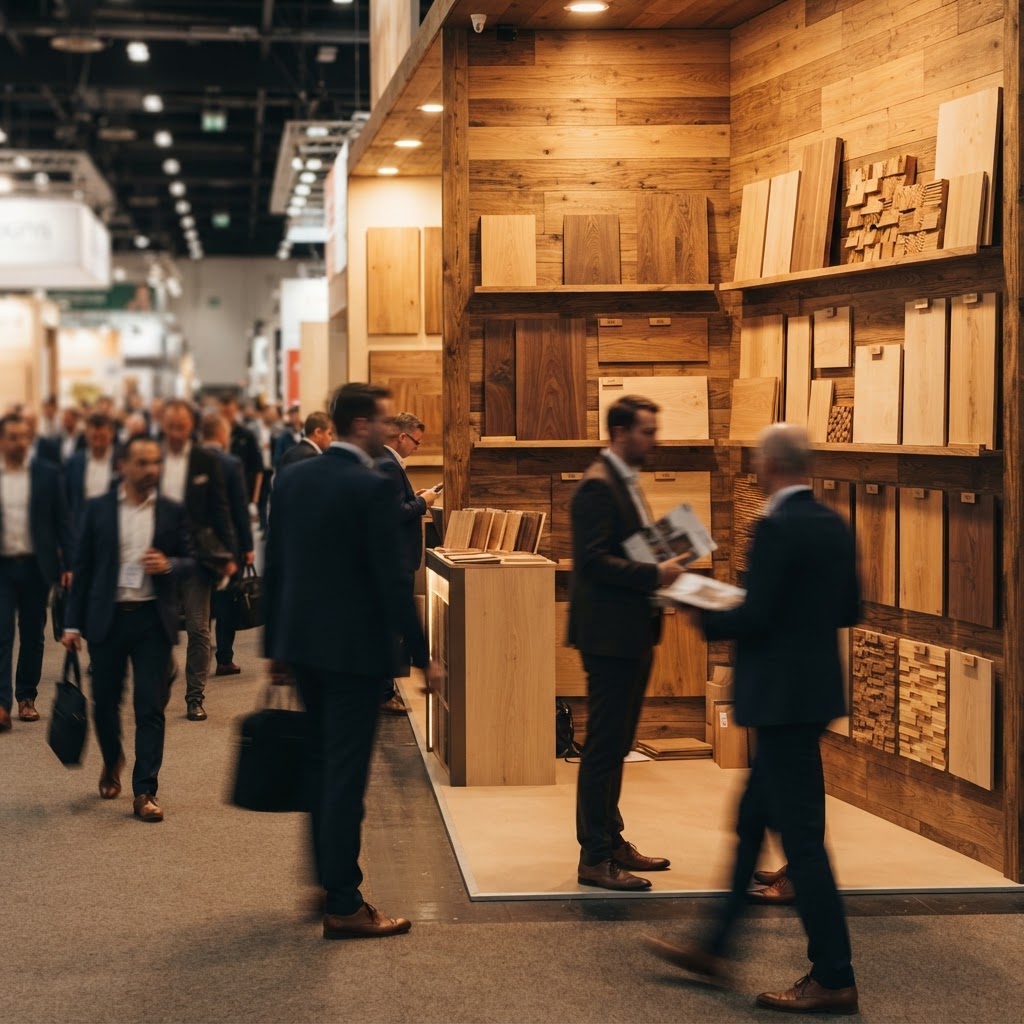 Messestand der Holzbranche mit Materialmustern aus Holz