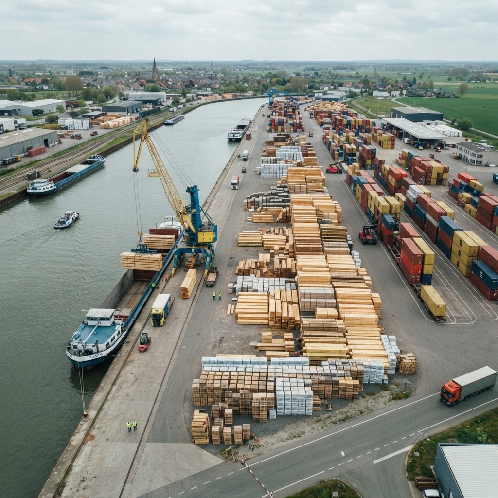 Holzlogistik mit Containerterminal und gestapeltem Schnittholz
