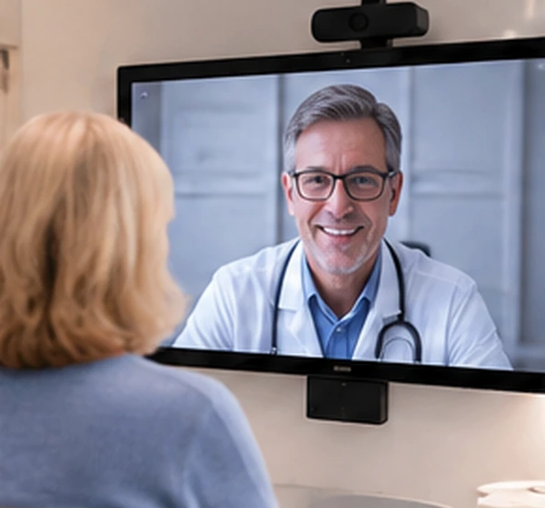 Illustrative scene of a woman speaking with a clinician by video from a consultation room.