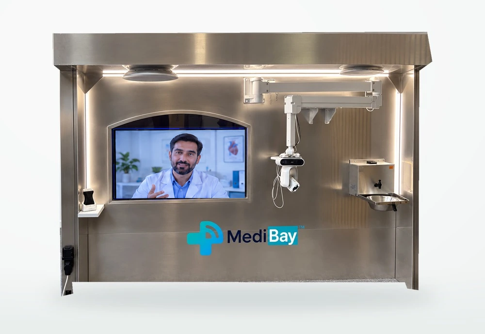 MediBay TechWall equipment with a doctor on its monitor