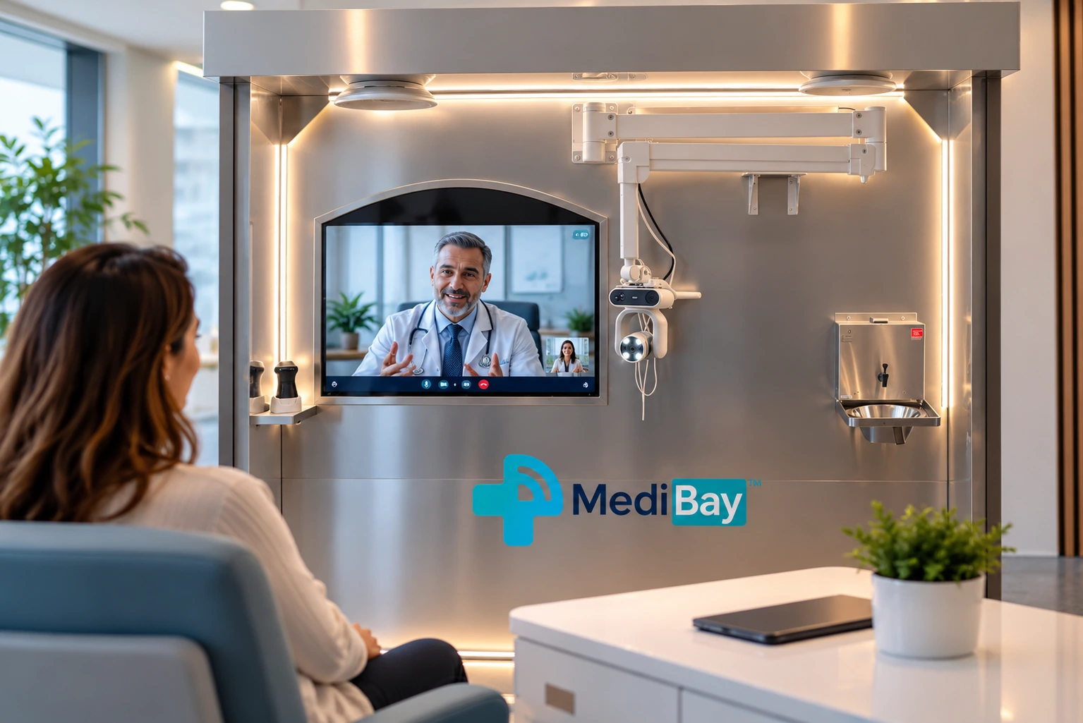 Illustrative MediBay TechWall consultation, with a seated patient facing a doctor on the built-in monitor.