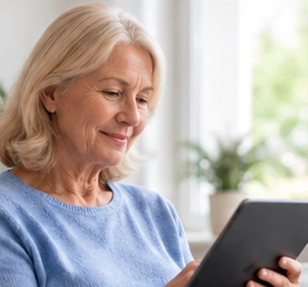 Illustrative scene of a woman reviewing information on a tablet at home after her visit.