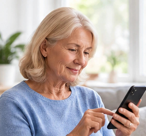 Illustrative scene of a woman using her phone at home to prepare for a visit.