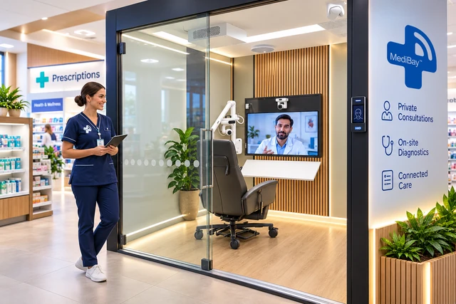 Illustrative MediPod in a bright pharmacy, with a nurse standing to the left in a navy uniform with the smaller approved MediBay logo, a face-entry reader on the door frame, a doctor on screen and the solid-blue MediBay sign aligned to the side panel.