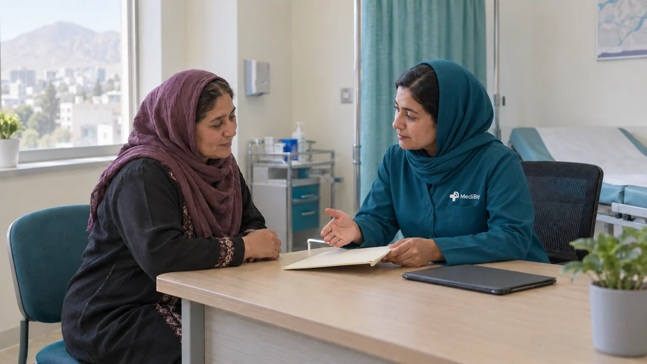 Illustrative patient and healthcare professional discussing a care concern in a bright consultation space.