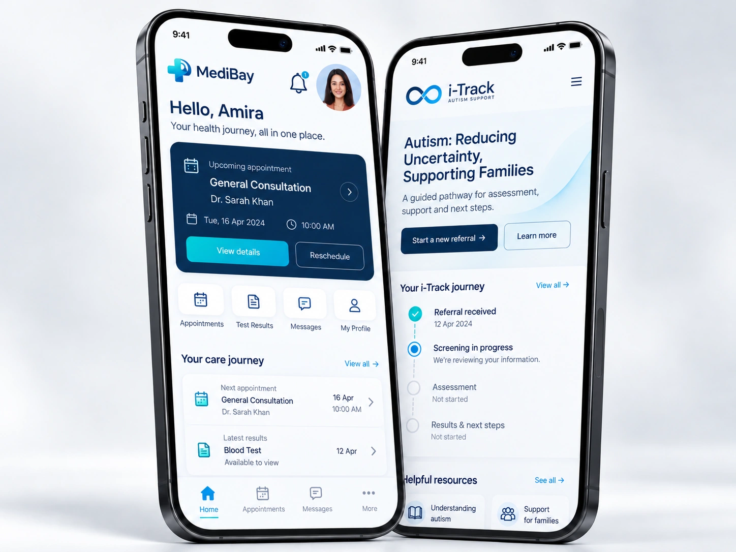 Photorealistic phones illustrating the MediBay patient app and i-Track journey, with an enlarged patient portrait.