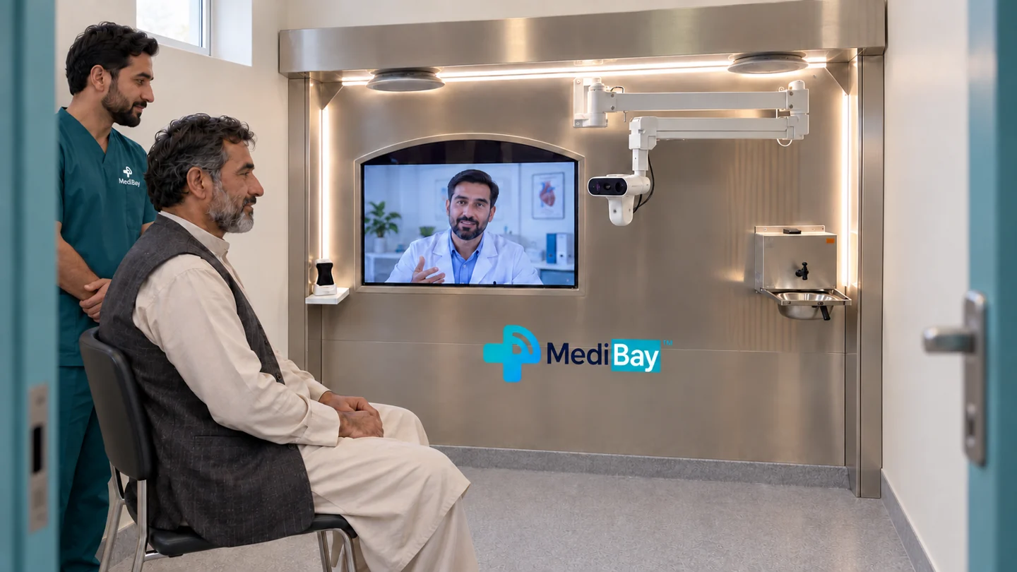 Illustrative nurse-supported consultation with a patient facing a doctor on the MediBay TechWall monitor.