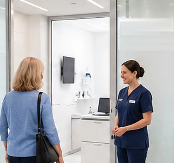 Illustrative scene of an on-site nurse welcoming a woman into a bright consultation room.