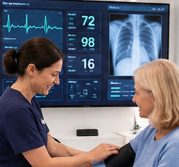 Illustrative scene of a nurse taking a woman’s blood pressure, with example diagnostic displays behind them.