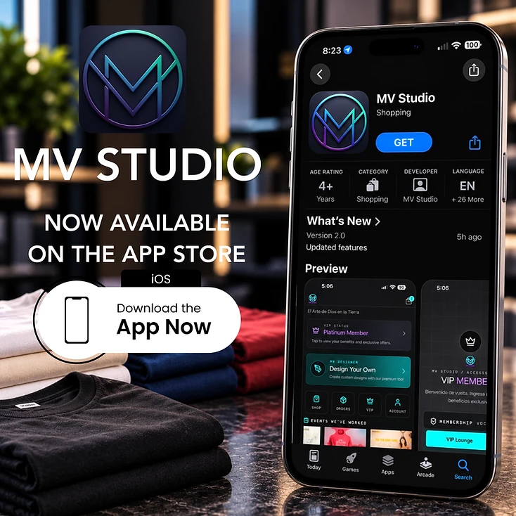 MV STUDIO app on the App Store beside the studio's custom apparel