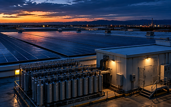 Arranjo fotovoltaico em telhado industrial ao anoitecer