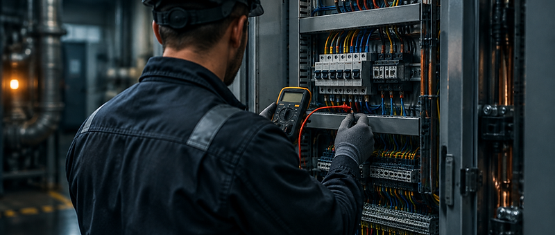 Técnico em uniforme de segurança calibrando um quadro de comando industrial