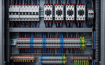 Interior de painel elétrico montado com contatores, disjuntores e cabeamento organizado