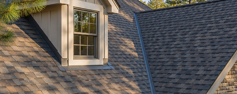 Roof slope of a well-maintained North Carolina home showing architectural shingles, a dormer and step flashing