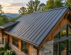 Standing seam metal roof in matte charcoal on an upscale North Carolina home
