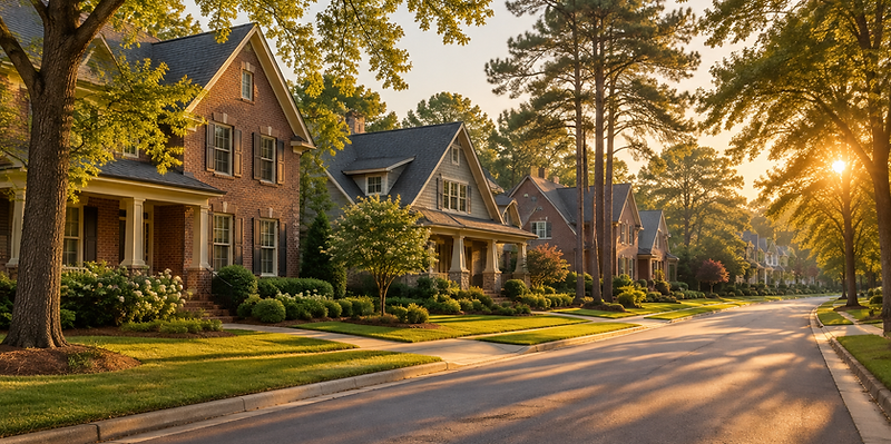 Tree-lined Waxhaw, North Carolina residential street with brick and craftsman-style homes at golden hour