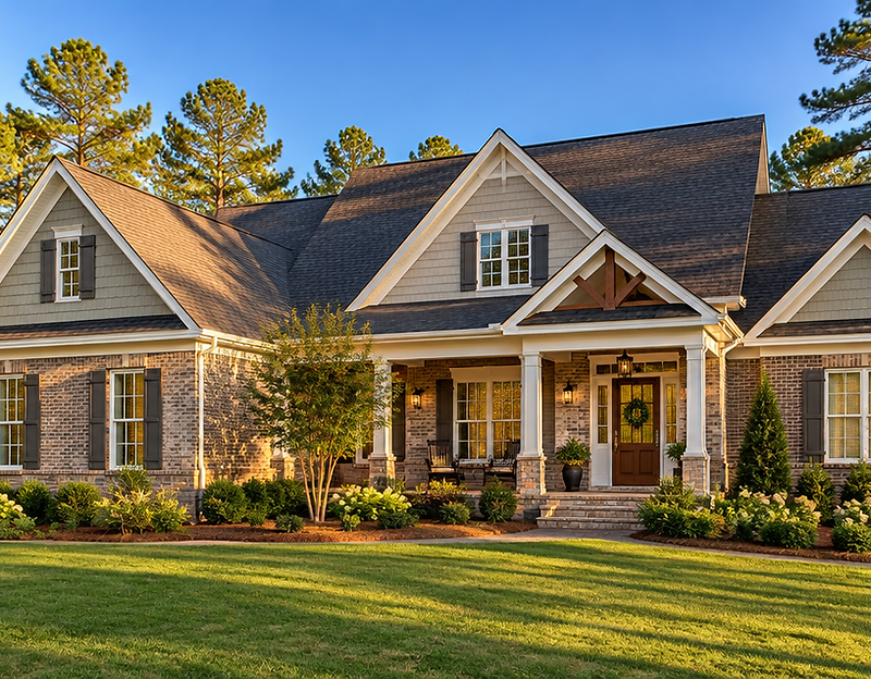 Upscale Waxhaw, North Carolina home with a well-maintained architectural shingle roof at golden hour