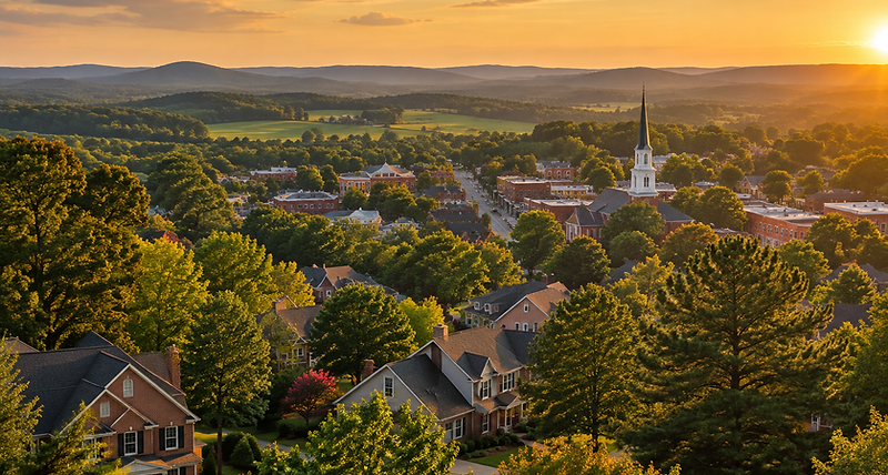 Golden-hour view over a North Carolina town with tree-lined neighborhoods and rooftops