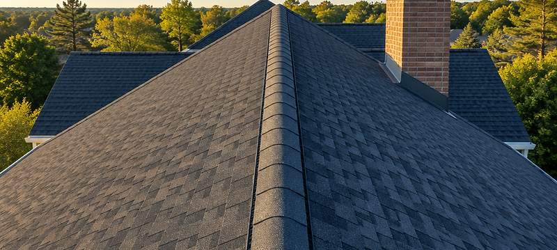 Aerial view of a long, straight architectural shingle ridge line against a clear Carolina sky