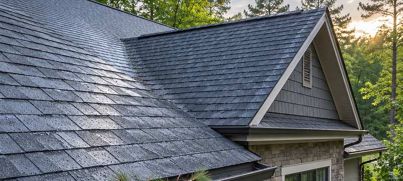 North Carolina home roof just after a passing storm with intact architectural shingles and pine debris in the gutter